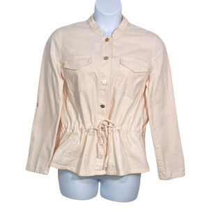 WHBM Sz 14 Denim Utility Jacket Button-Down Front Drawstring Waist Pastel Pink
